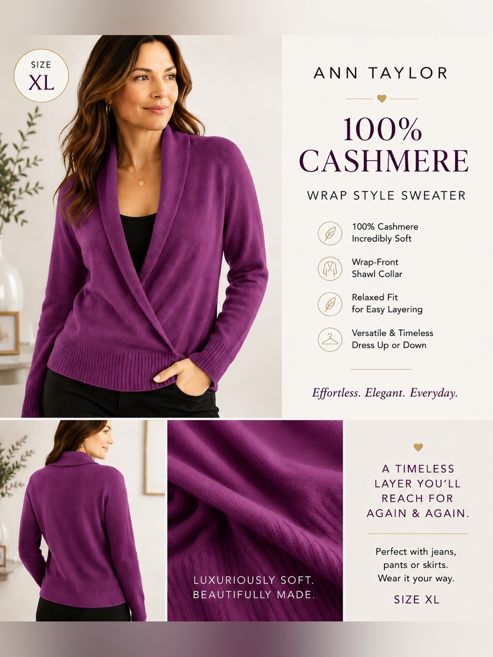 Ann Taylor 100% Cashmere Wrap-Front Women's Sweater Jewel Tone Purple Size XL